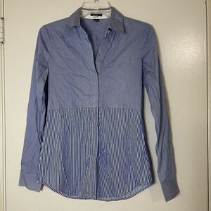 THEORY blue pinstripe button down collar blouse top size XS